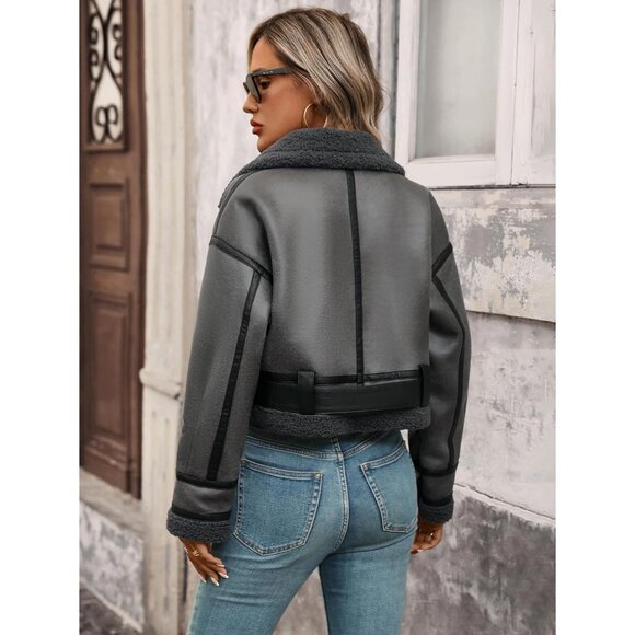 Women Faux Lamb Fur Leather Short Jacket Lapel Zipper Bomber Aviator Coat Grey - Picture 8 of 9